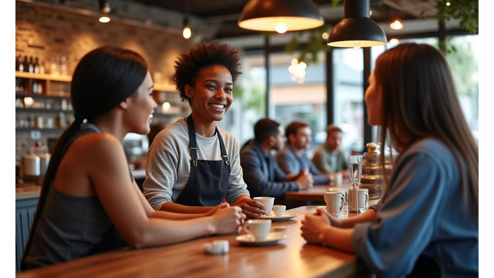 A barista engaging with a customer in a friendly, community-focused coffee shop environment