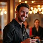 John, Events Manager, setting up for a live music event in the cafe