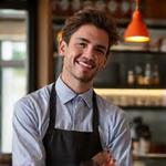 Enthusiastic male barista, Kai Donovan, preparing a coffee with focus.