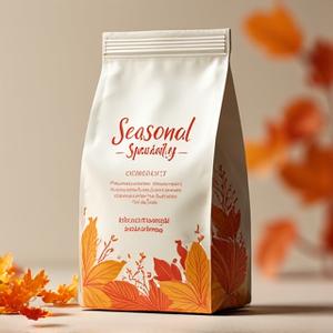 A vibrant coffee bag with 'Seasonal Specialty' written, featuring imagery of seasonal fruits like berries and citrus, hinting at a bright flavor profile.