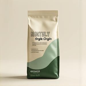 A minimalist coffee bag labeled 'Monthly Single Origin', with an ethereal graphic representing a faraway coffee growing region.