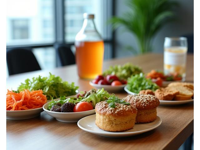 A beautifully arranged corporate lunch spread with individual eco-friendly lunch boxes and fresh salads on a conference table.
