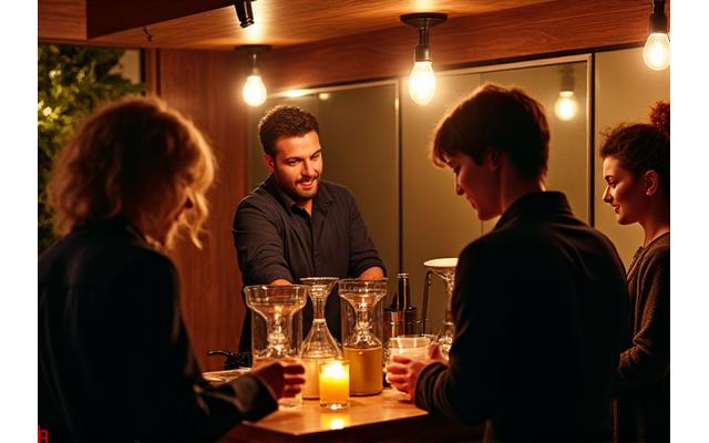 Guests enjoying coffee served from a small, elegant mobile bar at a private house party.