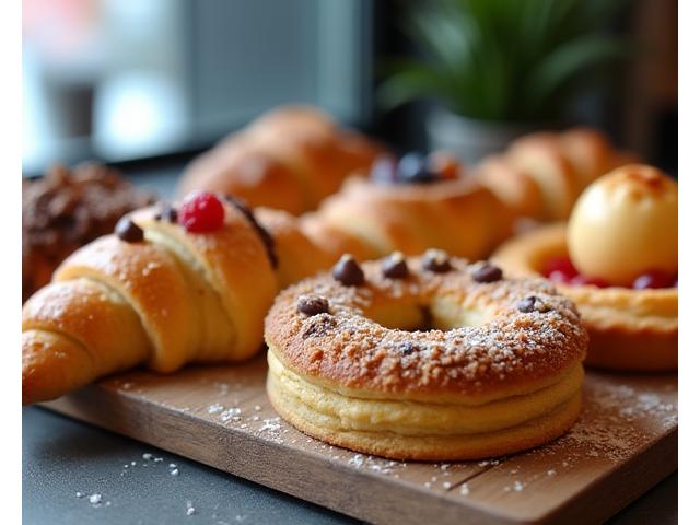 Selection of beautifully presented vegan pastries on a display counter