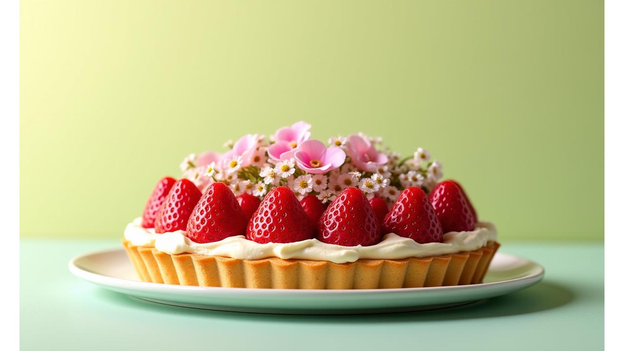 Vibrant rhubarb and strawberry tart, fresh and colourful