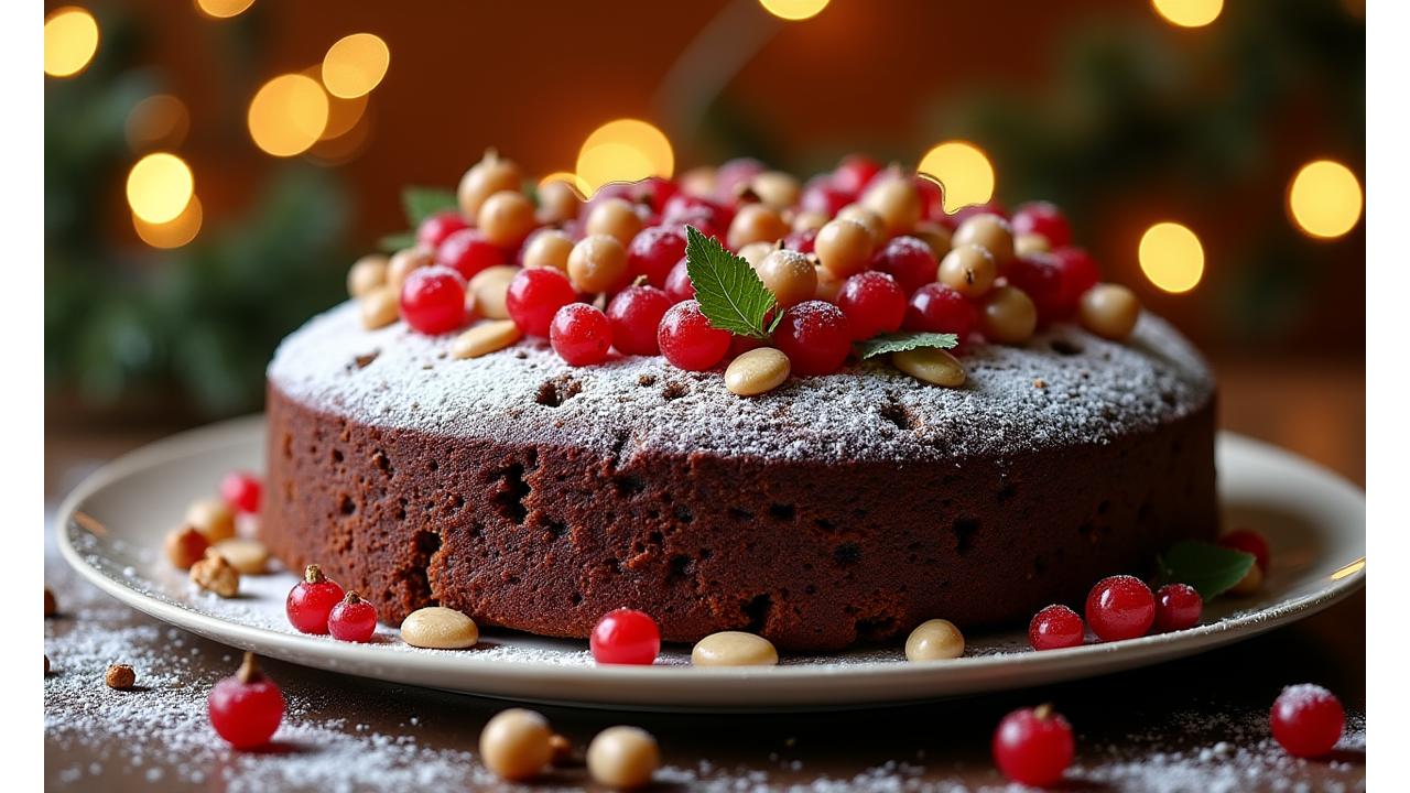 Rich, dark fruitcake or stollen with candied fruits and nuts