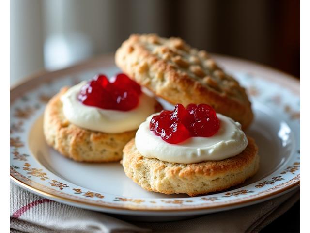 Freshly baked British scones with clotted cream and strawberry jam